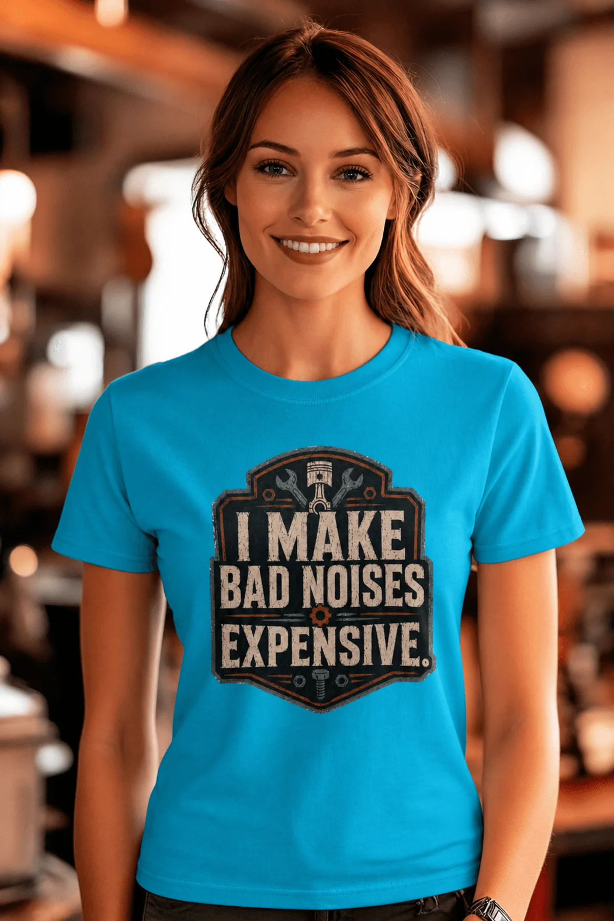Funny Mechanic Tee - "I Make Bad Noises Expensive" Technician Worker/ Mechanic / Gearhead Tee — sapphire t-shirt, model photo | Pressure Tested Co