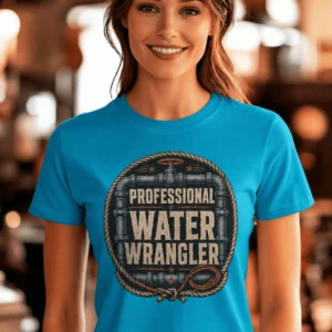 Funny Plumber Tee - "Professional Water Wrangler" Rustic Rope Graphic T-Shirt — sapphire t-shirt, model photo | Pressure Tested Co