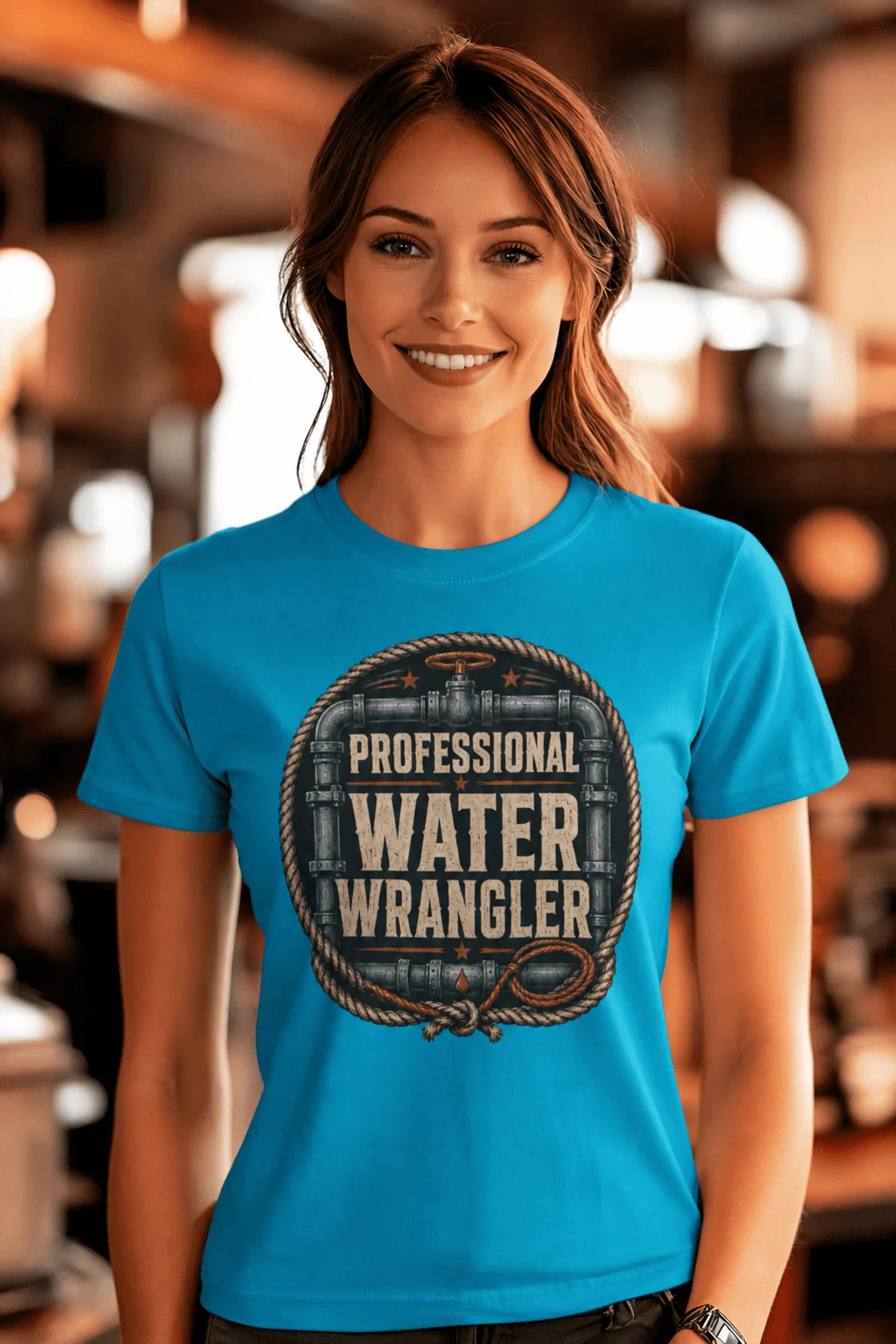 Funny Plumber Tee - "Professional Water Wrangler" Rustic Rope Graphic T-Shirt — sapphire t-shirt, model photo | Pressure Tested Co