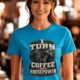 Mechanic Technician T-Shirt — "I Turn Coffee Into Horsepower" Vintage Work Shirt — sapphire — Model Mechanic Technician T-Shirt — "I Turn Coffee Into Horsepower" Vintage Work Shirt — sapphire t-shirt, model photo | Pressure Tested Co