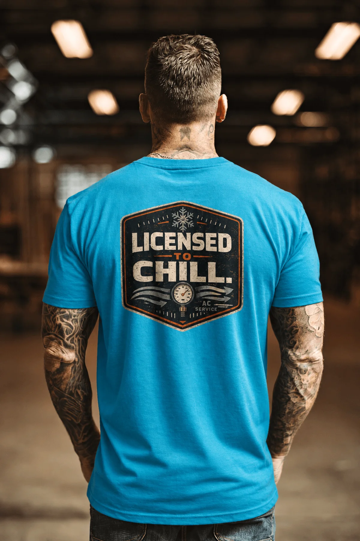 Funny HVAC Tee - "Licensed To Chill" HVAC Technician T-Shirt — sapphire t-shirt, model photo | Pressure Tested Co