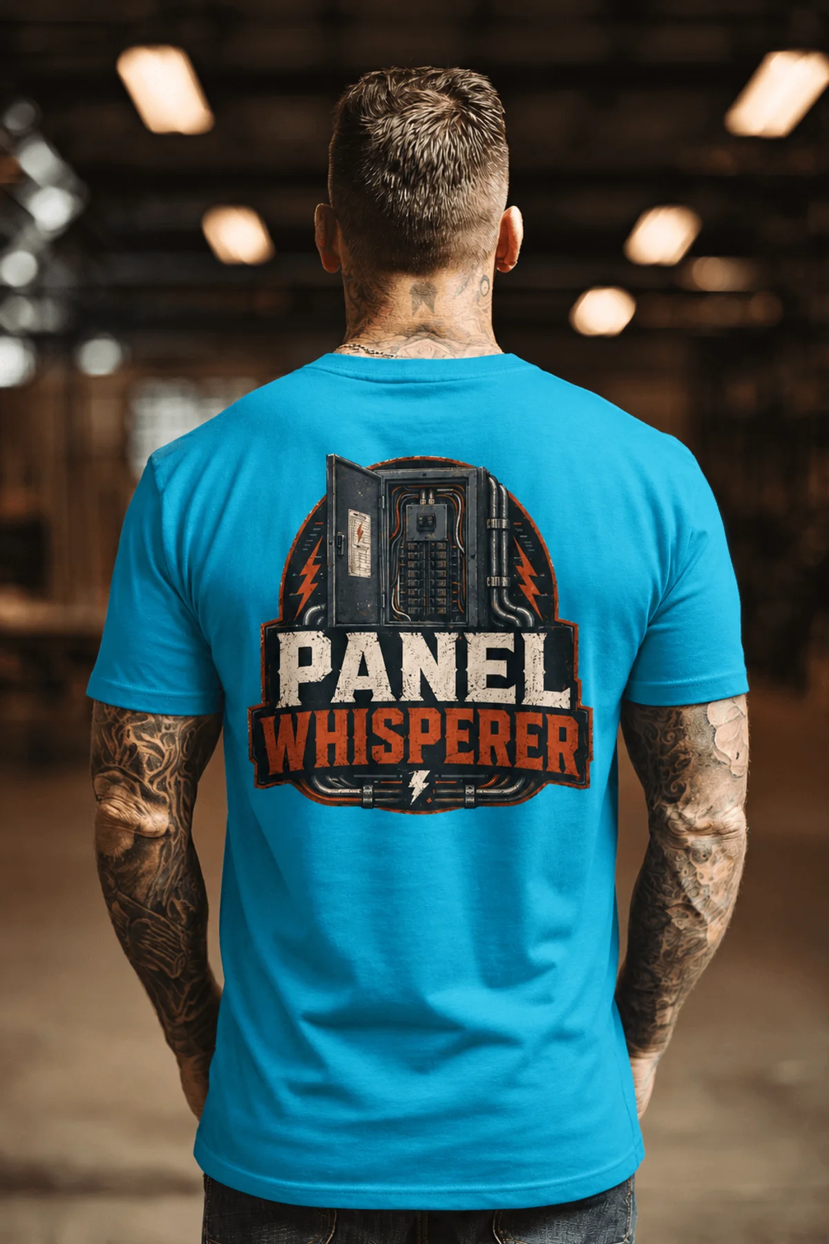 Funny Electrician Tee - "Panel Whisperer" Electrical Worker T-Shirt — sapphire t-shirt, model photo | Pressure Tested Co