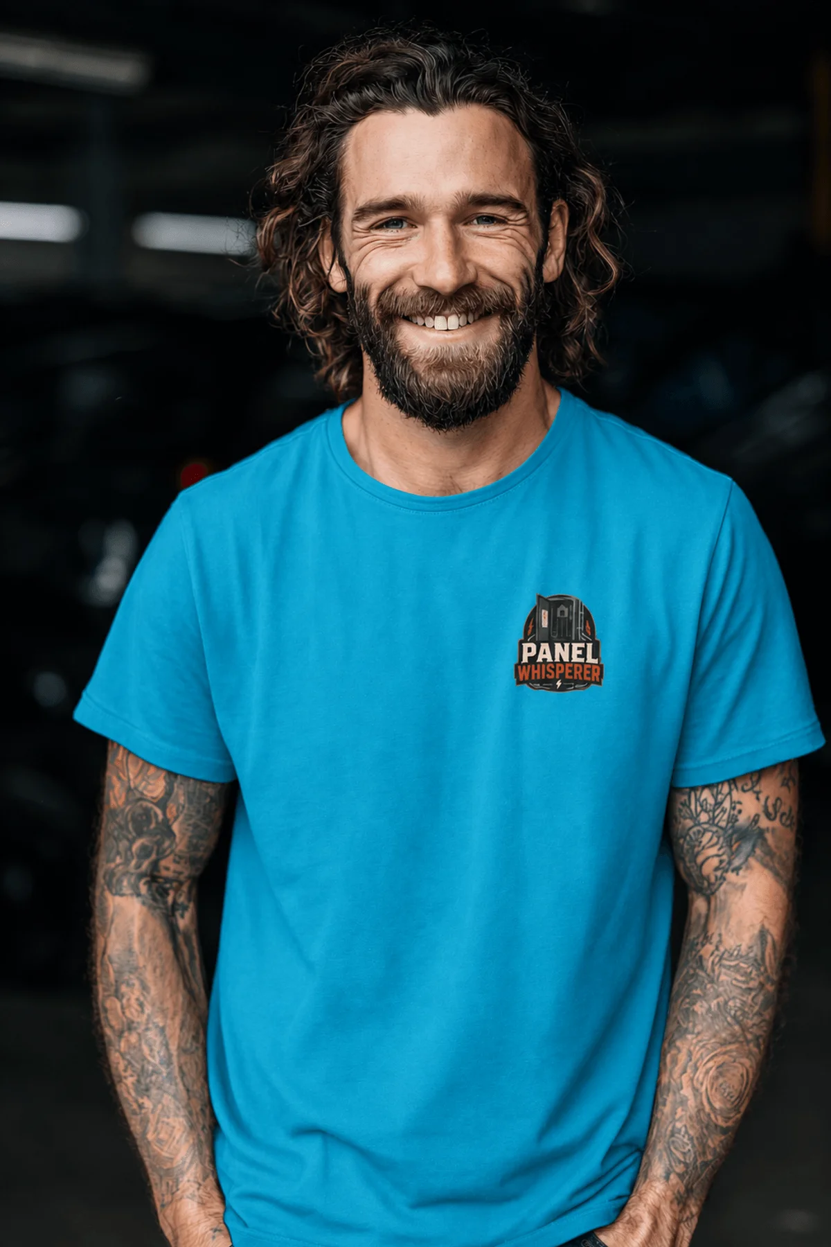 Funny Electrician Tee - "Panel Whisperer" Electrical Worker T-Shirt — sapphire t-shirt, model photo | Pressure Tested Co