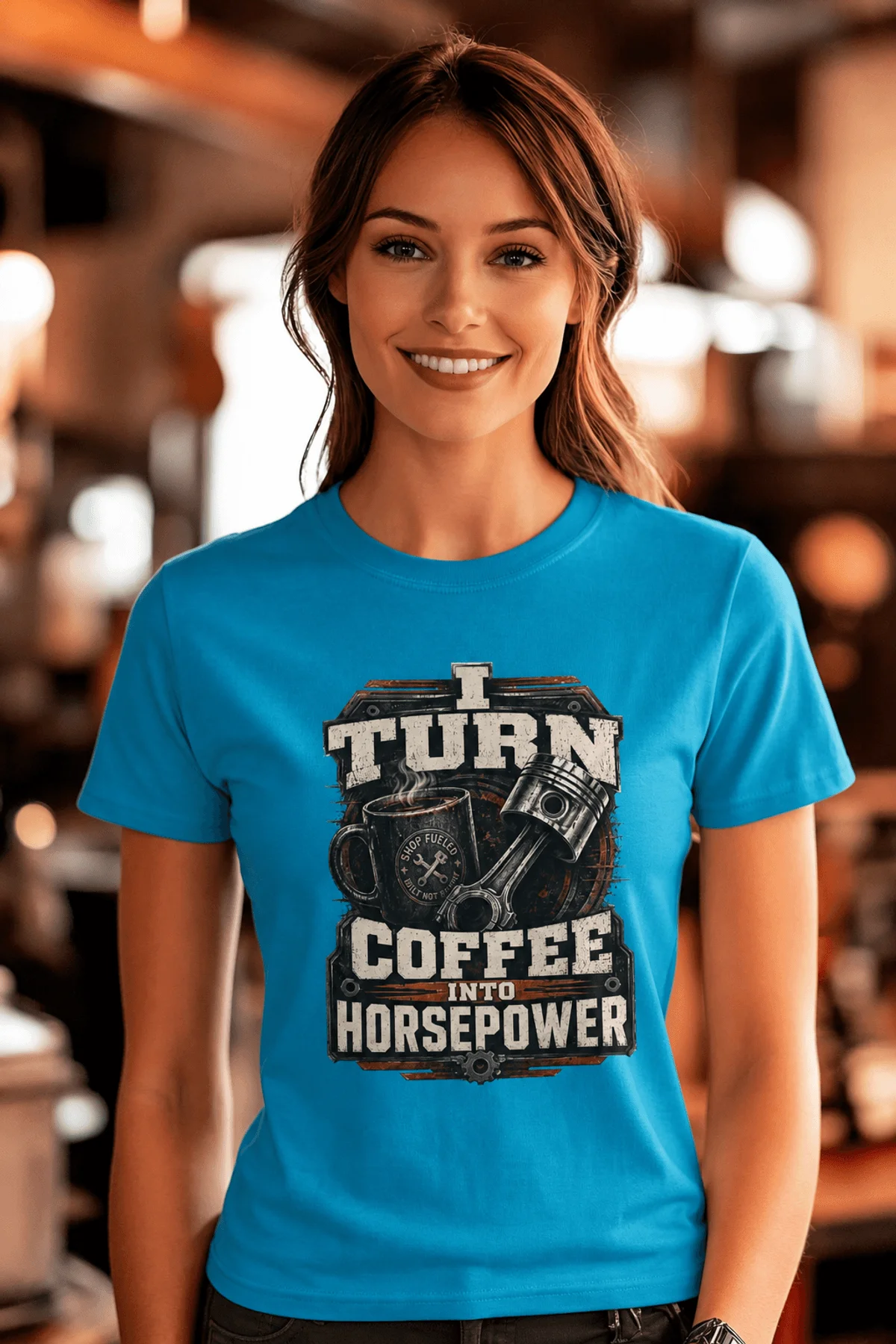 Mechanic Technician T-Shirt — "I Turn Coffee Into Horsepower" Vintage Work Shirt — sapphire — Model Mechanic Technician T-Shirt — "I Turn Coffee Into Horsepower" Vintage Work Shirt — sapphire t-shirt, model photo | Pressure Tested Co