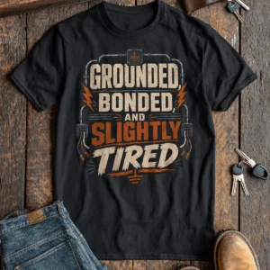Grounded, Bonded and Slightly Tired Graphic Tee — Funny Electrical Worker Shirt — steel-blue t-shirt, flat-lay product photo | Pressure Tested Co