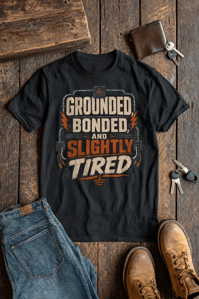 Grounded, Bonded and Slightly Tired Graphic Tee — Funny Electrical Worker Shirt — steel-blue t-shirt, flat-lay product photo | Pressure Tested Co
