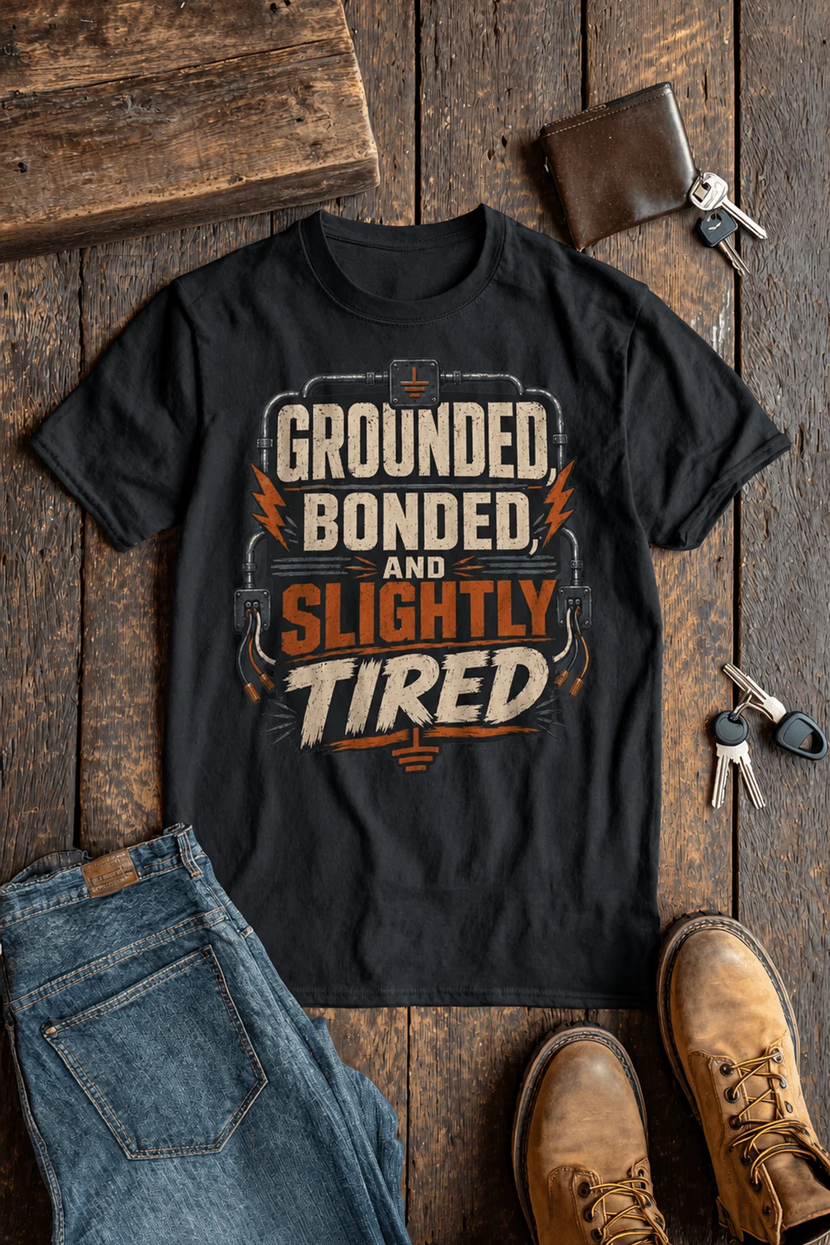 Grounded, Bonded and Slightly Tired Graphic Tee — Funny Electrical Worker Shirt — steel-blue t-shirt, flat-lay product photo | Pressure Tested Co