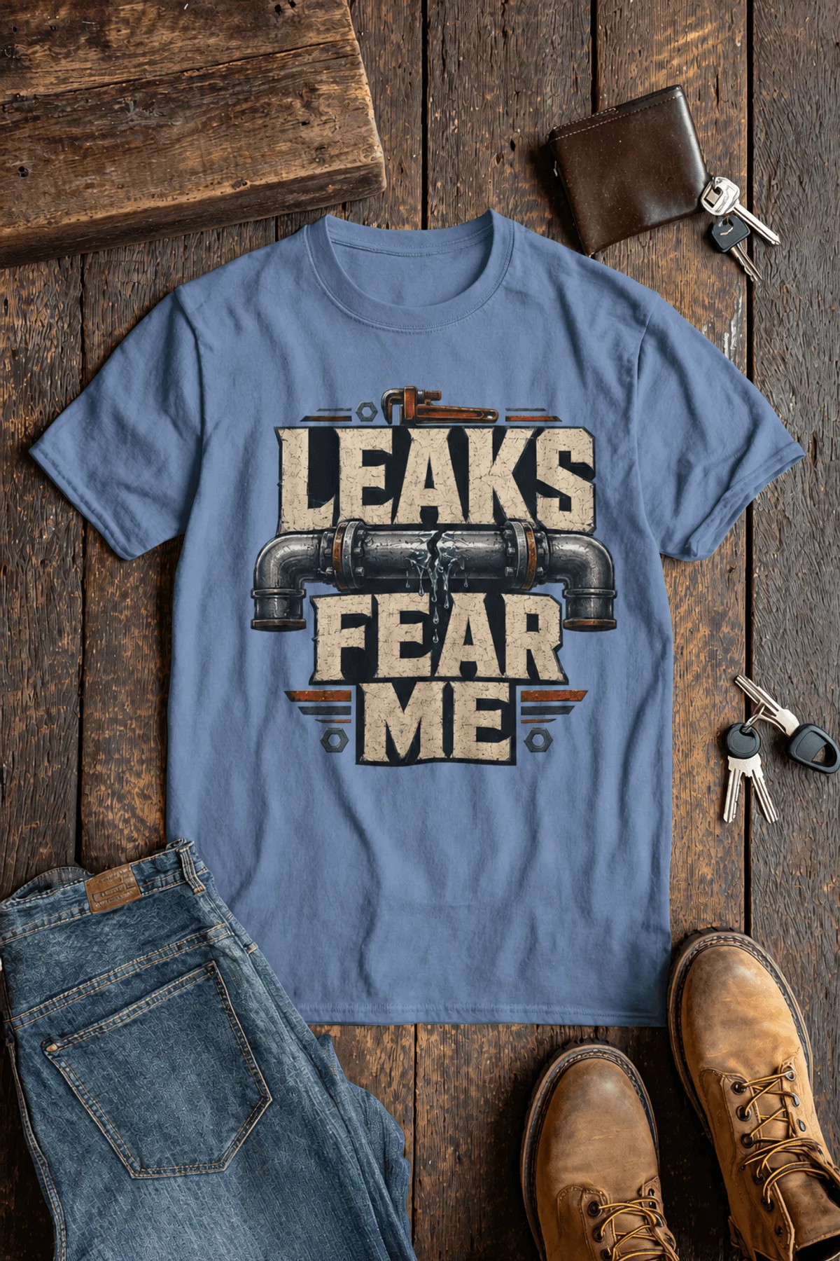 Leaks Fear Me T-Shirt - Funny Plumber Pipes Tee — steel-blue t-shirt, flat-lay product photo | Pressure Tested Co
