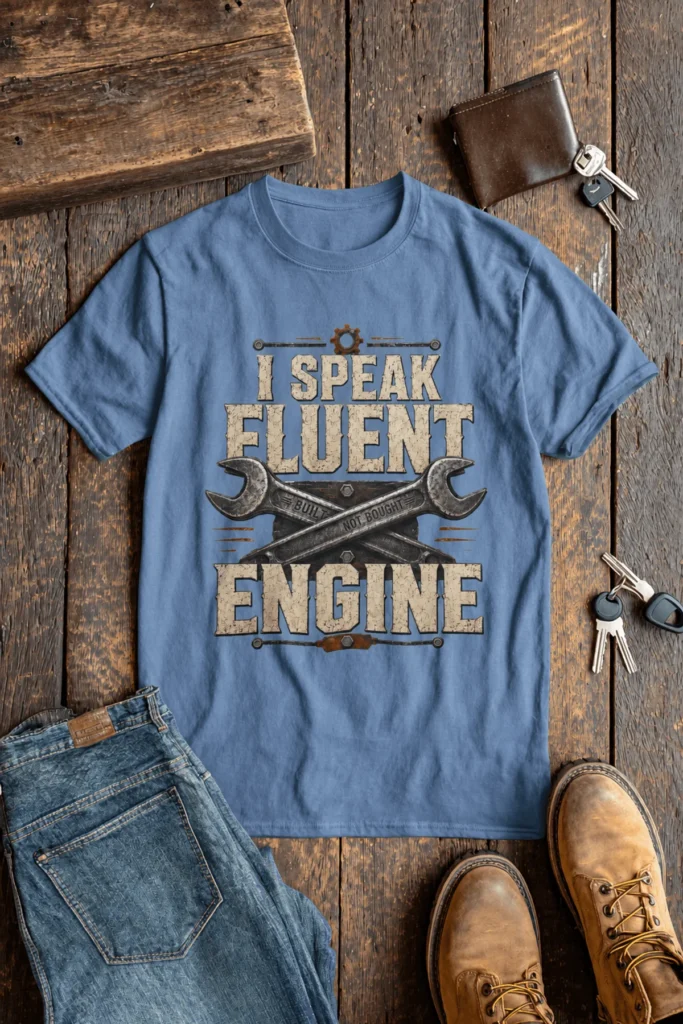 I Speak Fluent Engine T-Shirt — Mechanic Wrench Vintage Auto Repair Tee — steel-blue t-shirt, flat-lay product photo | Pressure Tested Co