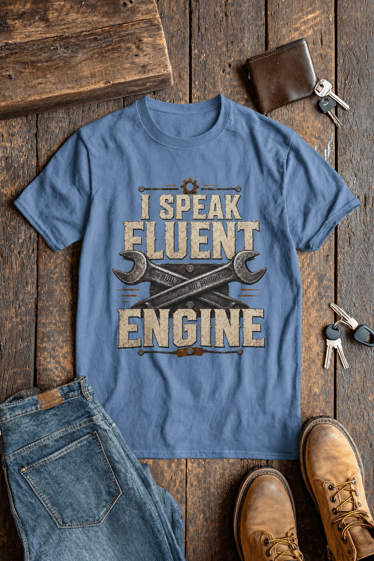 I Speak Fluent Engine T-Shirt — Mechanic Wrench Vintage Auto Repair Tee — steel-blue — Flat-lay I Speak Fluent Engine T-Shirt — Mechanic Wrench Vintage Auto Repair Tee — steel-blue t-shirt, flat-lay product photo | Pressure Tested Co