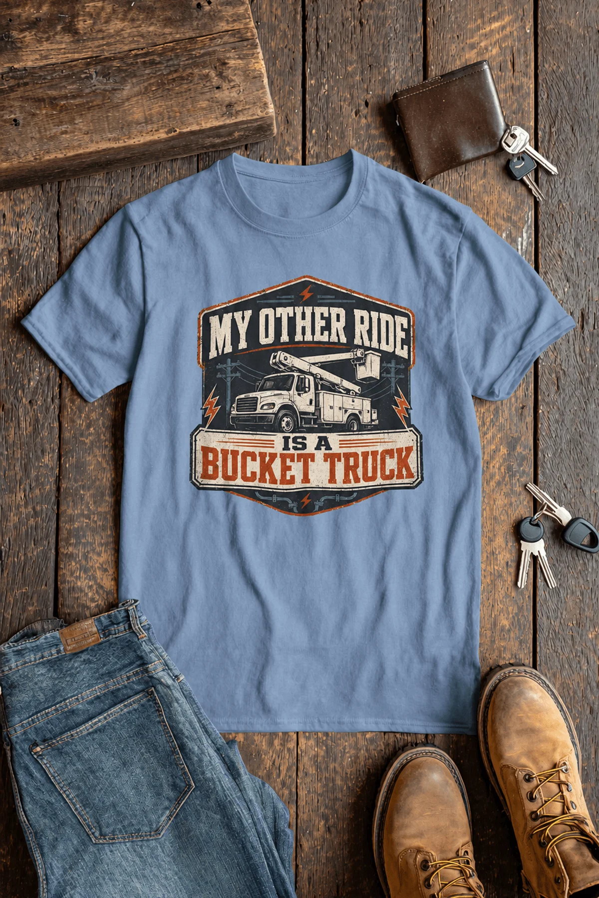 Bucket Truck T-Shirt - “My Other Ride Is A Bucket Truck” Utility Crew/Electrician Tee — steel-blue t-shirt, flat-lay product photo | Pressure Tested Co