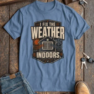Funny HVAC Technician Tee - “I Fix The Weather Indoors.” Cooling/Furnace Shop Work Shirt — steel-blue t-shirt, flat-lay product photo | Pressure Tested Co