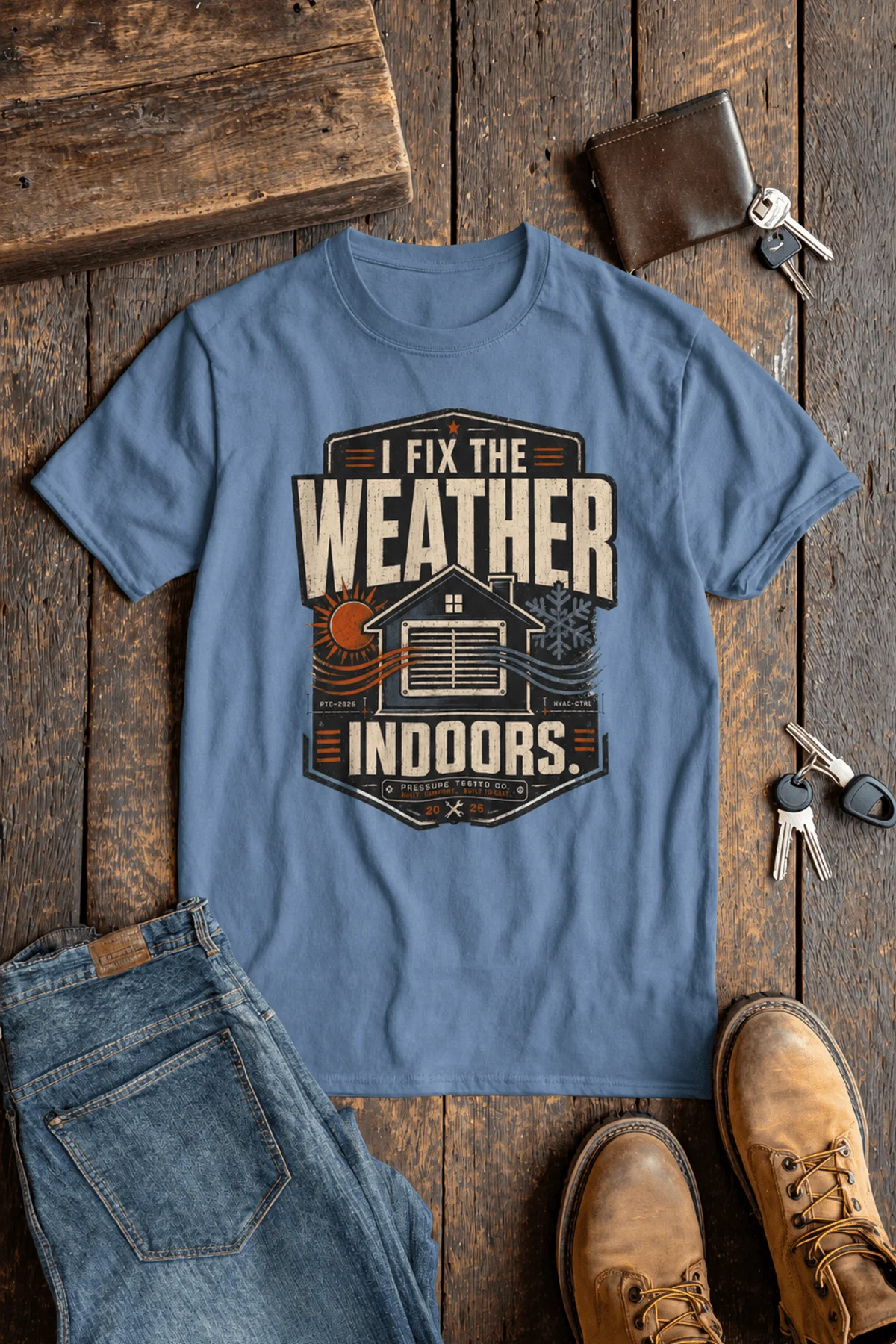 Funny HVAC Technician Tee - “I Fix The Weather Indoors.” Cooling/Furnace Shop Work Shirt — steel-blue — Flat-lay Funny HVAC Technician Tee - “I Fix The Weather Indoors.” Cooling/Furnace Shop Work Shirt — steel-blue t-shirt, flat-lay product photo | Pressure Tested Co