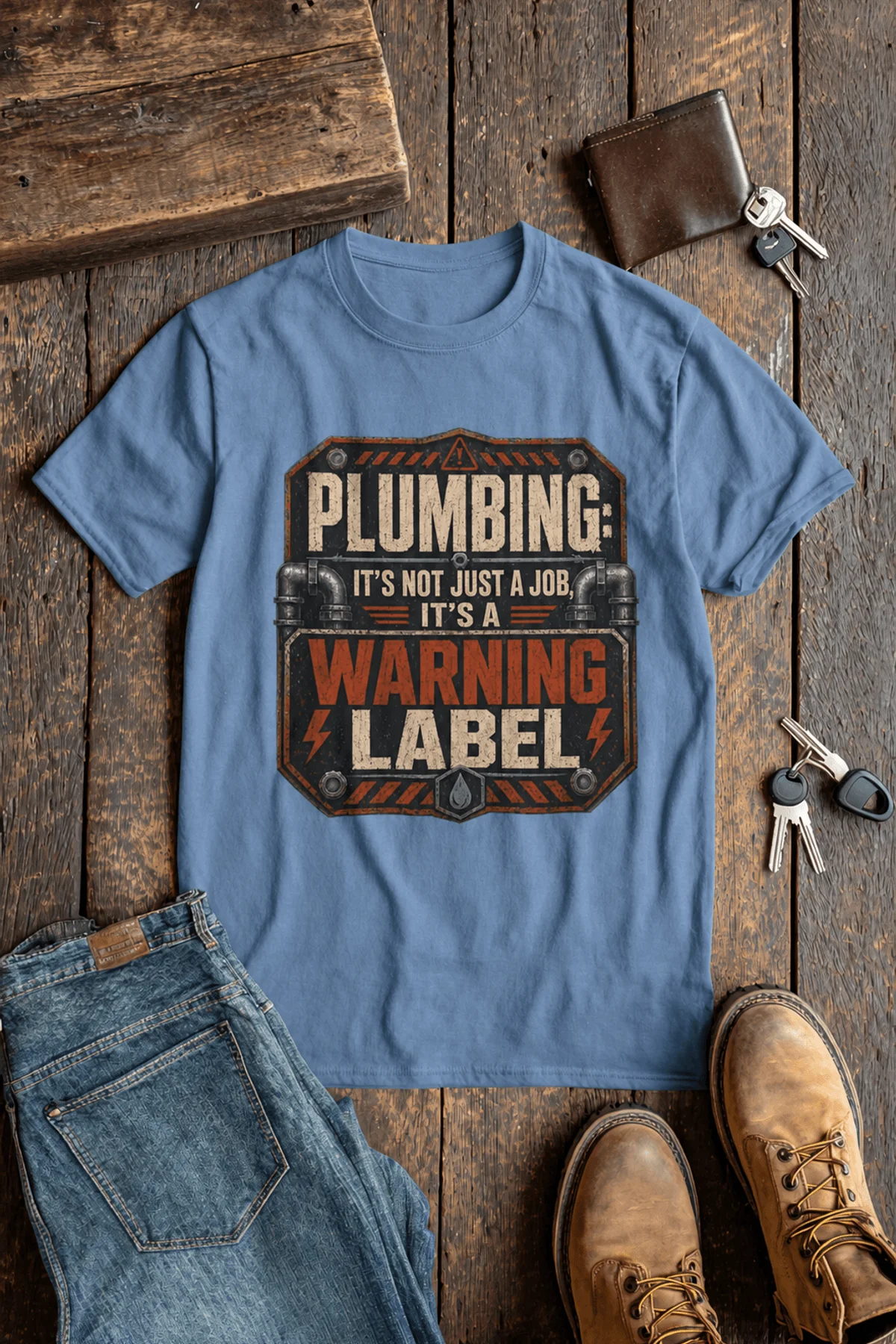 Plumbing Warning Label T-Shirt — Funny Plumber Shirt — steel-blue t-shirt, flat-lay product photo | Pressure Tested Co