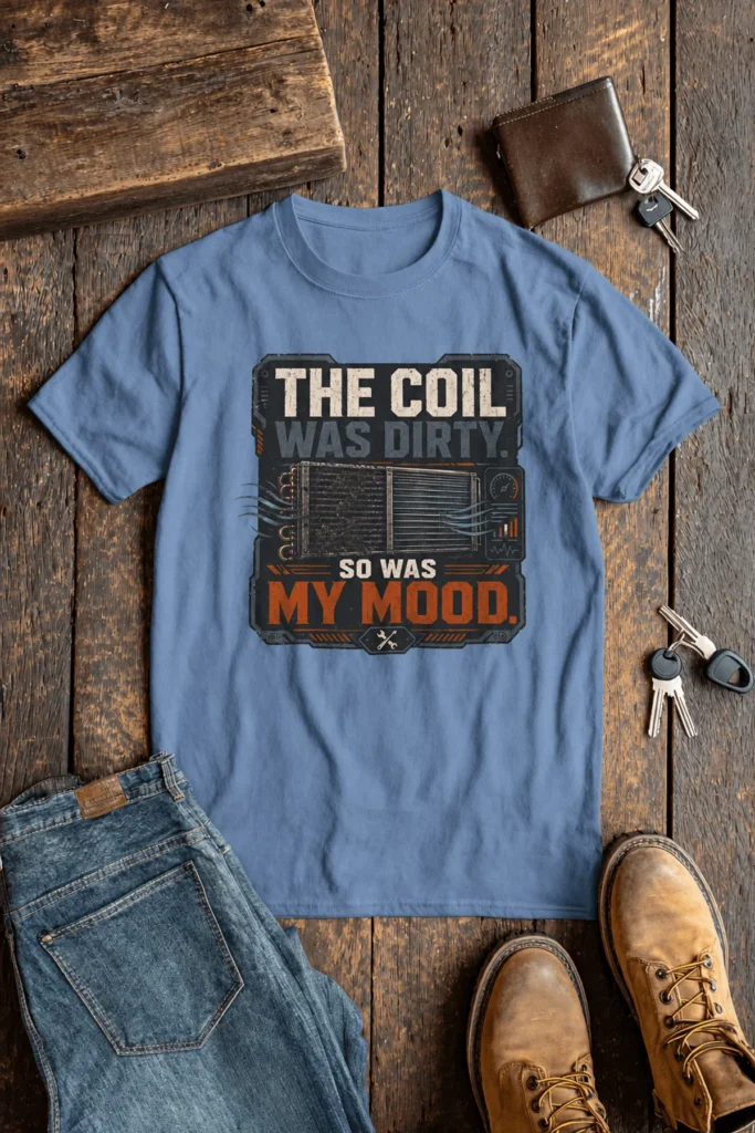 HVAC Technician Tee — “THE COIL WAS DIRTY. SO WAS MY MOOD.” — steel-blue t-shirt, flat-lay product photo | Pressure Tested Co