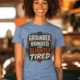 Grounded, Bonded and Slightly Tired Graphic Tee — Funny Electrical Worker Shirt — steel-blue t-shirt, model photo | Pressure Tested Co