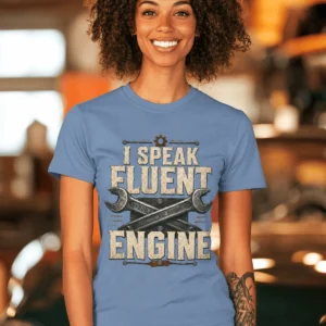 I Speak Fluent Engine T-Shirt — Mechanic Wrench Vintage Auto Repair Tee — steel-blue t-shirt, model photo | Pressure Tested Co