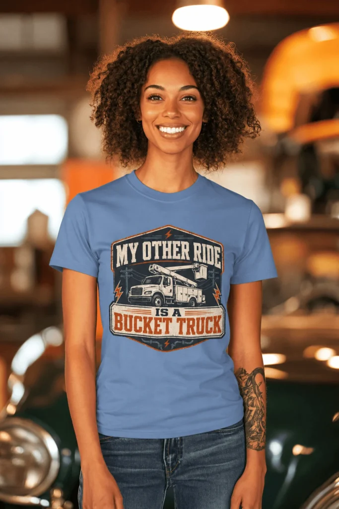 Bucket Truck T-Shirt - “My Other Ride Is A Bucket Truck” Utility Crew/Electrician Tee — steel-blue t-shirt, model photo | Pressure Tested Co
