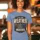 Funny HVAC Technician Tee - “I Fix The Weather Indoors.” Cooling/Furnace Shop Work Shirt — steel-blue — Model Funny HVAC Technician Tee - “I Fix The Weather Indoors.” Cooling/Furnace Shop Work Shirt — steel-blue t-shirt, model photo | Pressure Tested Co