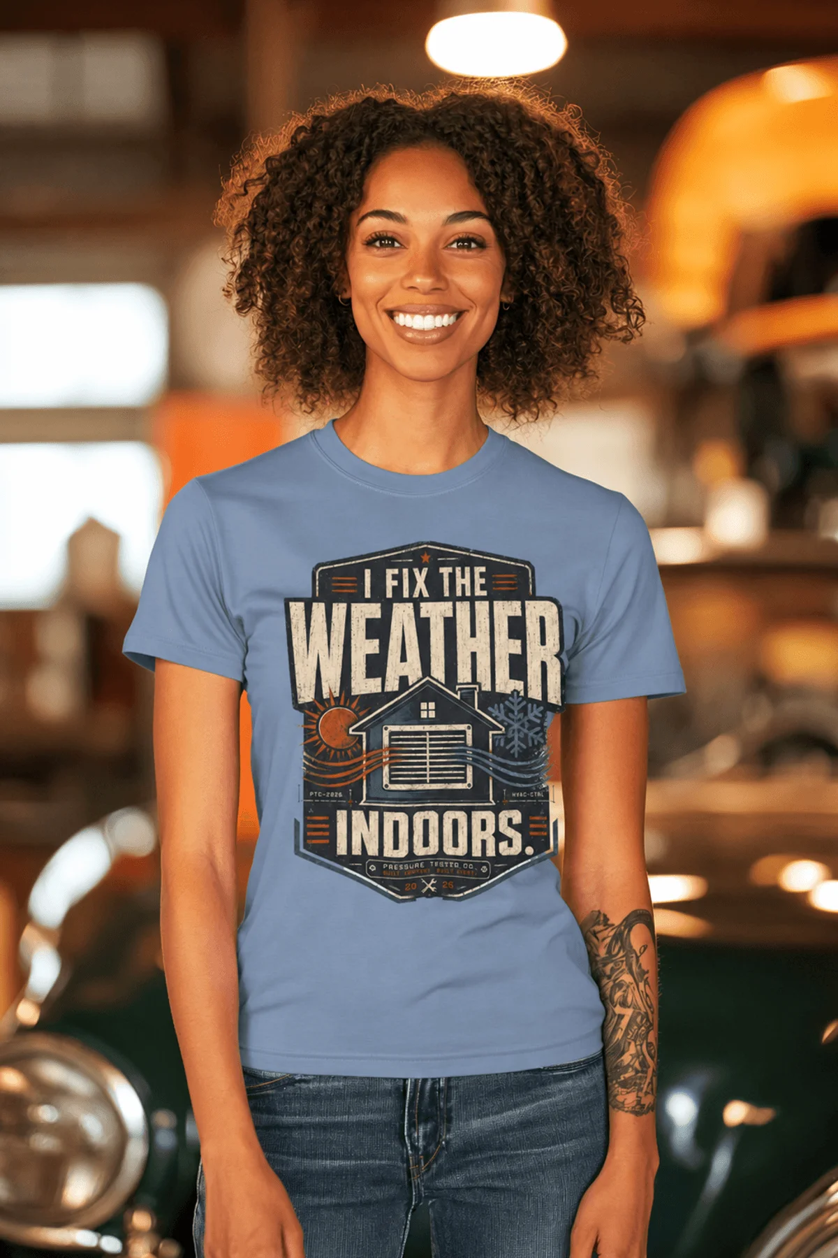 Funny HVAC Technician Tee - “I Fix The Weather Indoors.” Cooling/Furnace Shop Work Shirt — steel-blue — Model Funny HVAC Technician Tee - “I Fix The Weather Indoors.” Cooling/Furnace Shop Work Shirt — steel-blue t-shirt, model photo | Pressure Tested Co