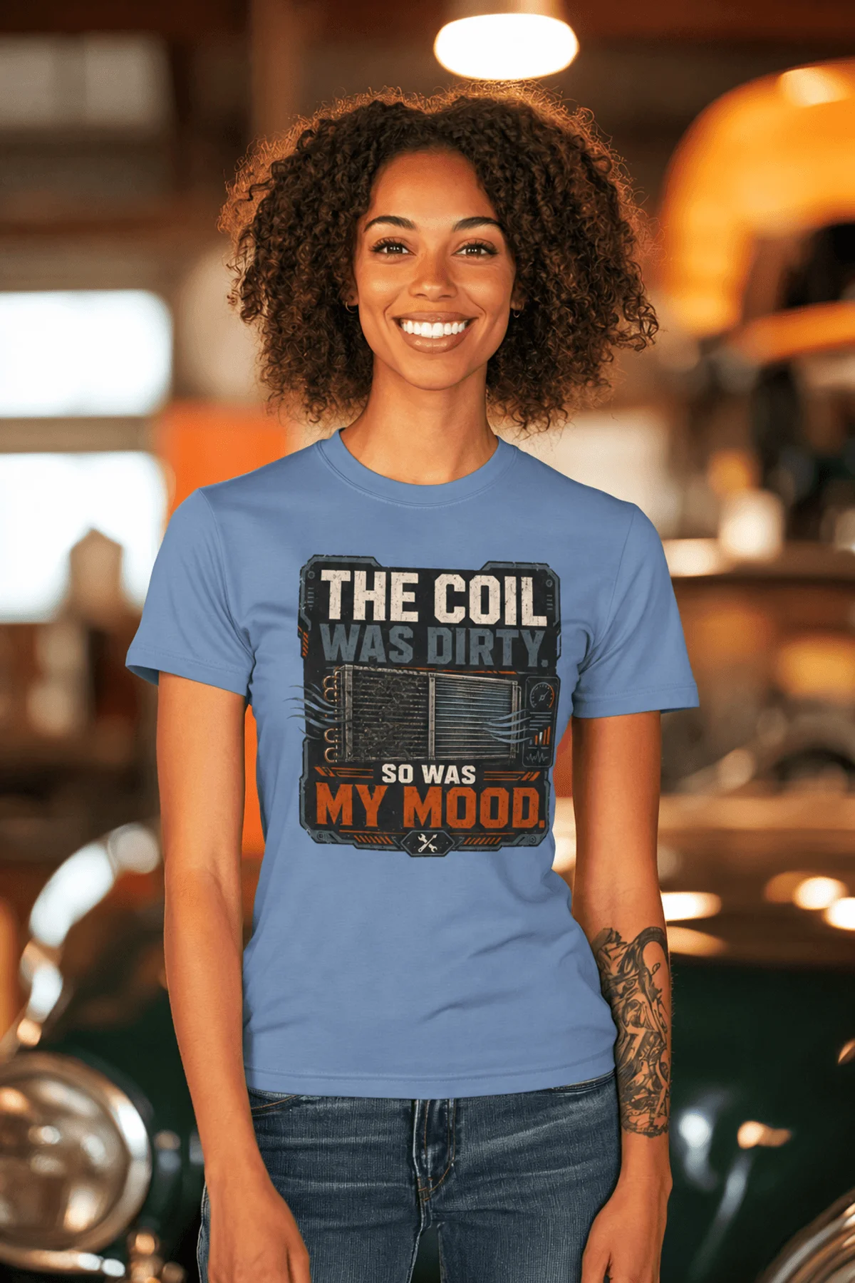 HVAC Technician Tee — “THE COIL WAS DIRTY. SO WAS MY MOOD.” — steel-blue — Model HVAC Technician Tee — “THE COIL WAS DIRTY. SO WAS MY MOOD.” — steel-blue t-shirt, model photo | Pressure Tested Co