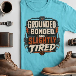 Grounded, Bonded and Slightly Tired Graphic Tee — Funny Electrical Worker Shirt — turquoise t-shirt, flat-lay product photo | Pressure Tested Co