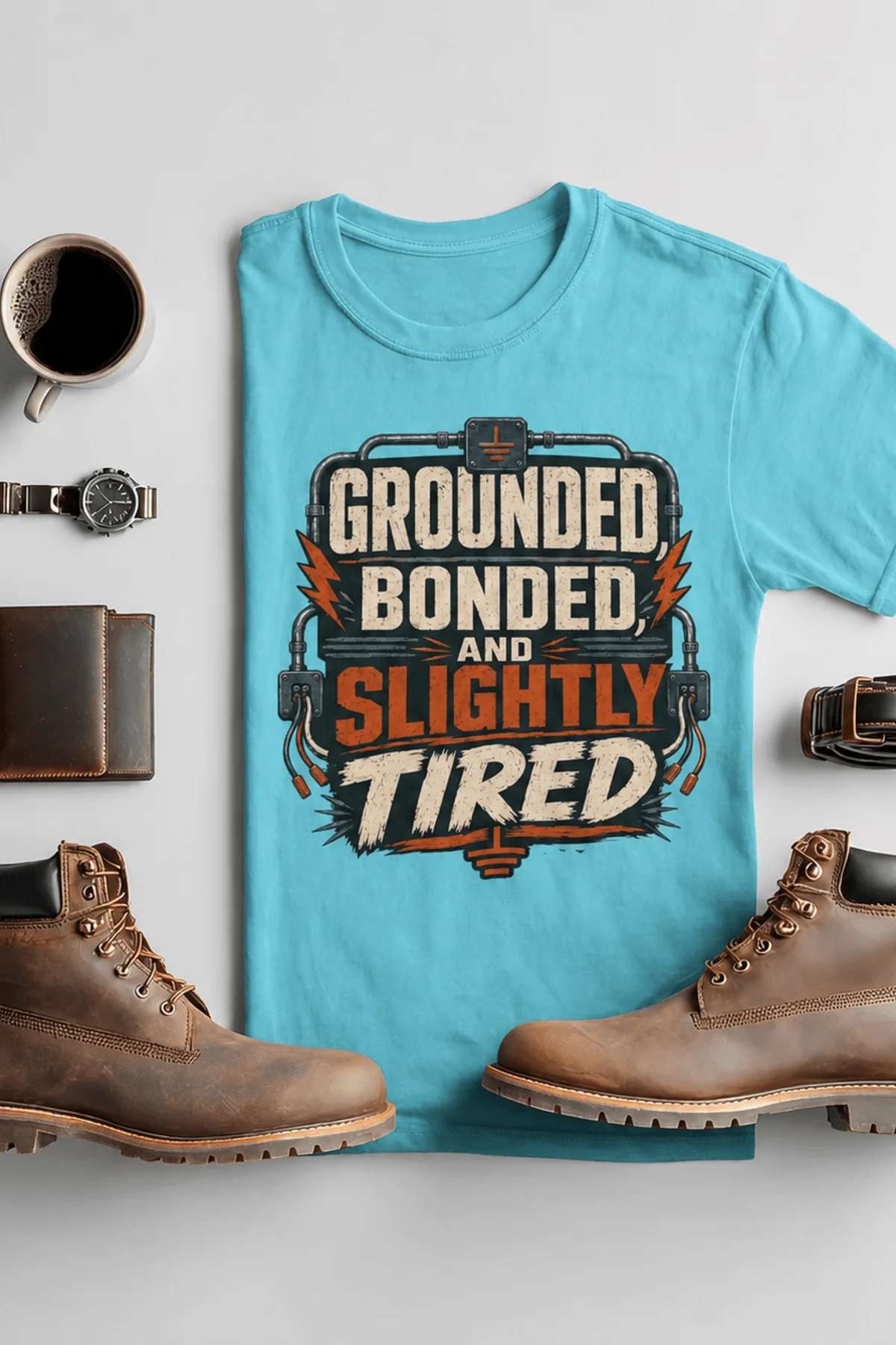 Grounded, Bonded and Slightly Tired Graphic Tee — Funny Electrical Worker Shirt — turquoise t-shirt, flat-lay product photo | Pressure Tested Co