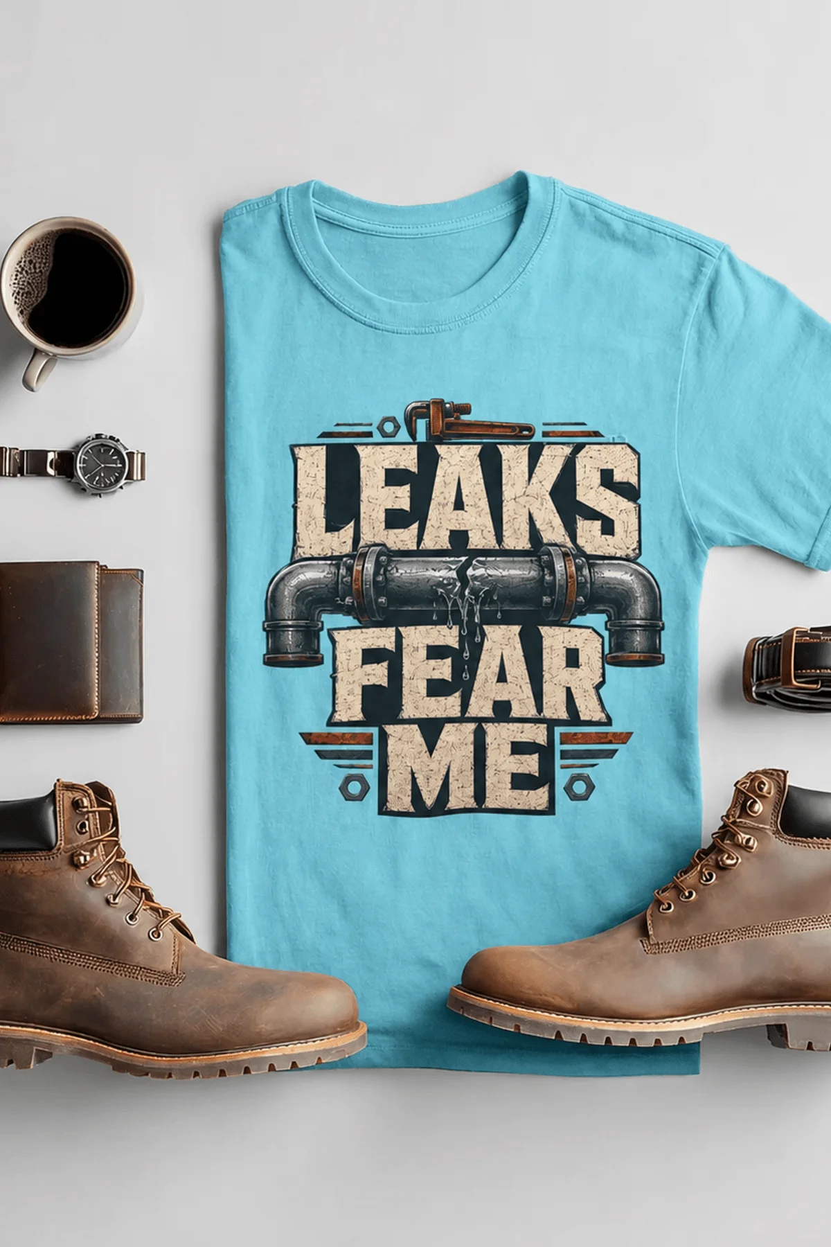 Leaks Fear Me T-Shirt - Funny Plumber Pipes Tee — turquoise t-shirt, flat-lay product photo | Pressure Tested Co