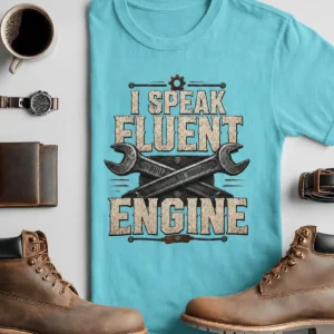 I Speak Fluent Engine T-Shirt — Mechanic Wrench Vintage Auto Repair Tee — turquoise t-shirt, flat-lay product photo | Pressure Tested Co