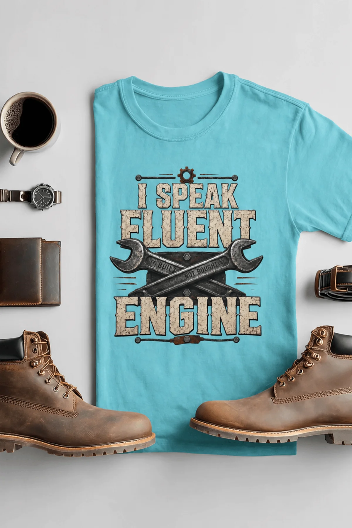I Speak Fluent Engine T-Shirt — Mechanic Wrench Vintage Auto Repair Tee — turquoise — Flat-lay I Speak Fluent Engine T-Shirt — Mechanic Wrench Vintage Auto Repair Tee — turquoise t-shirt, flat-lay product photo | Pressure Tested Co