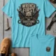 Wrench First Tee — "Wrench First, Questions Later" Mechanic Skull T-Shirt — turquoise t-shirt, flat-lay product photo | Pressure Tested Co