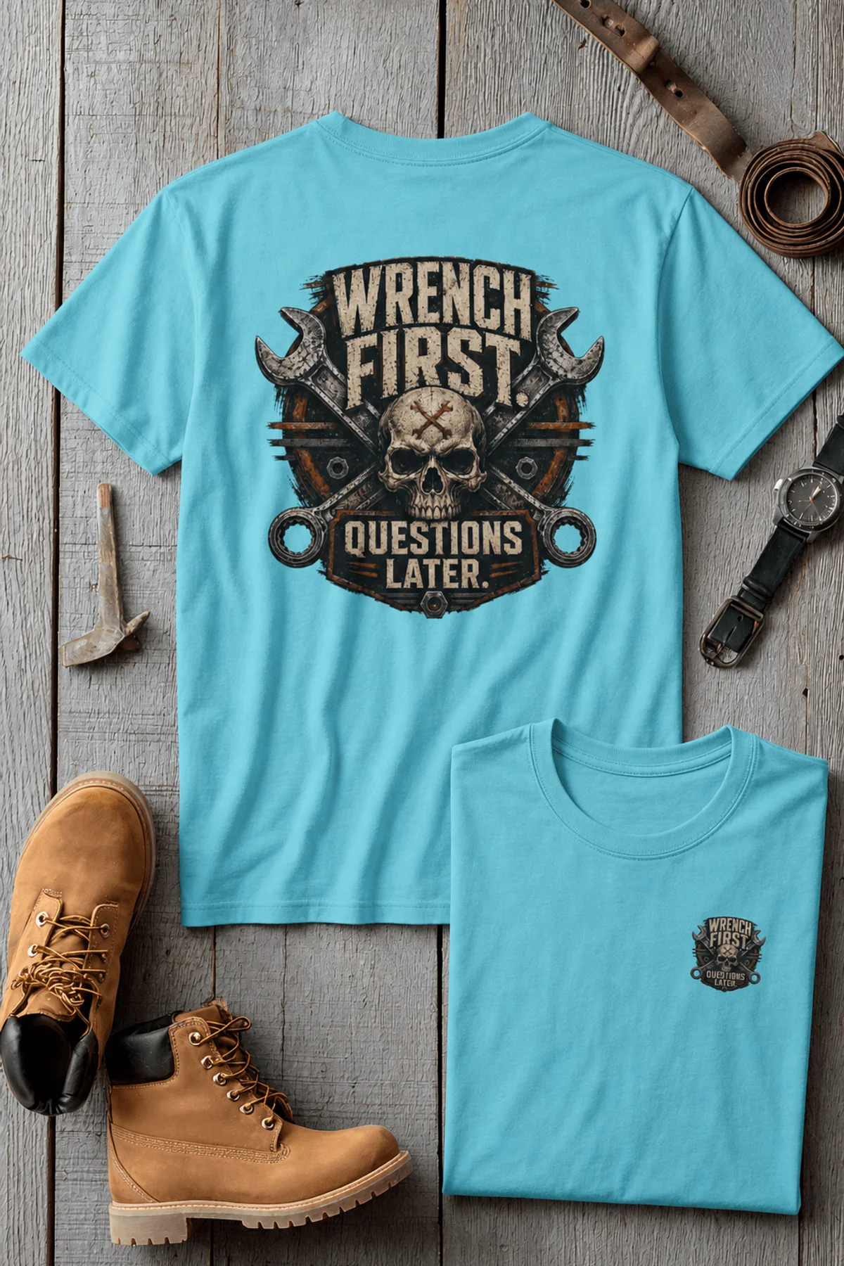 Wrench First Tee — "Wrench First, Questions Later" Mechanic Skull T-Shirt — turquoise t-shirt, flat-lay product photo | Pressure Tested Co