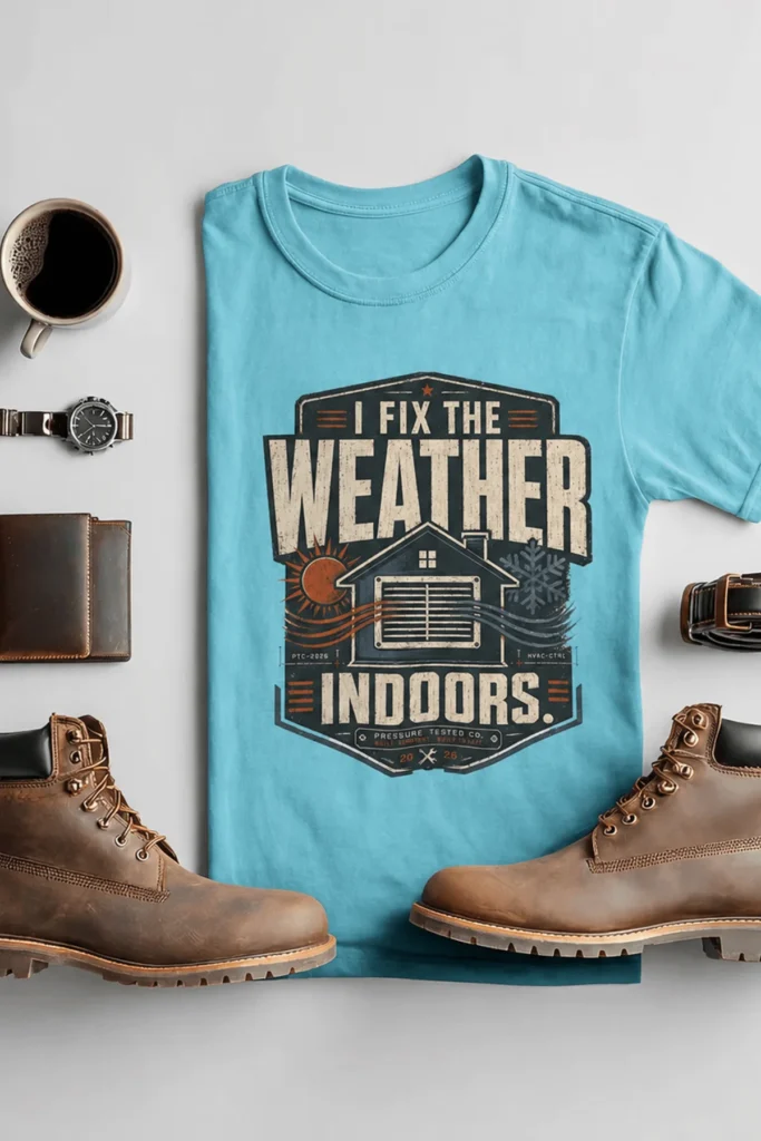 Funny HVAC Technician Tee - “I Fix The Weather Indoors.” Cooling/Furnace Shop Work Shirt — turquoise t-shirt, flat-lay product photo | Pressure Tested Co