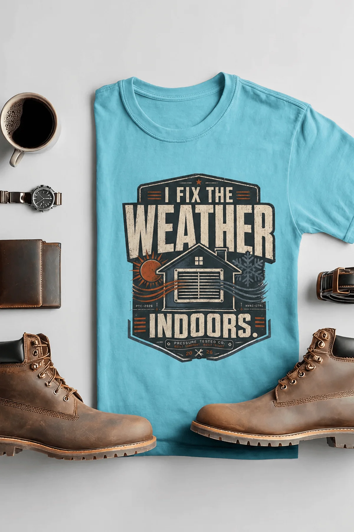 Funny HVAC Technician Tee - “I Fix The Weather Indoors.” Cooling/Furnace Shop Work Shirt — turquoise — Flat-lay Funny HVAC Technician Tee - “I Fix The Weather Indoors.” Cooling/Furnace Shop Work Shirt — turquoise t-shirt, flat-lay product photo | Pressure Tested Co