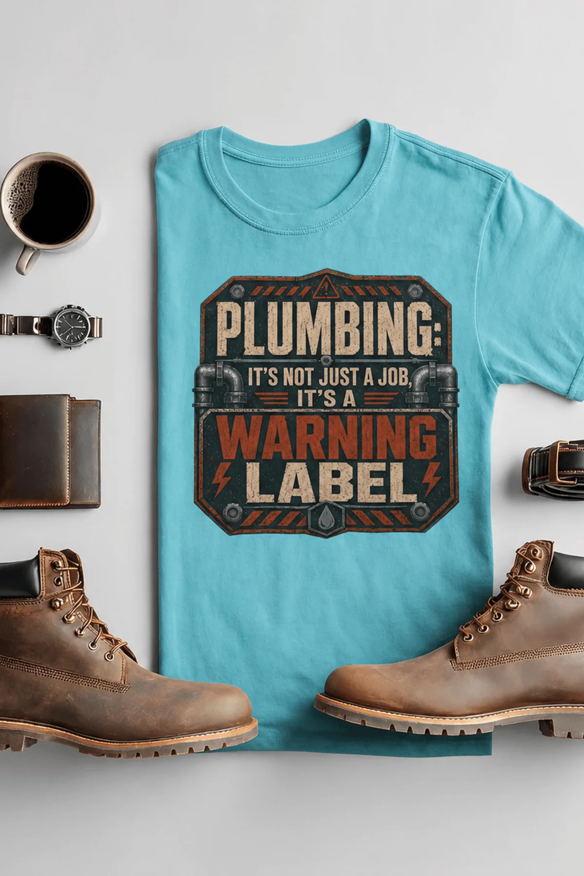 Plumbing Warning Label T-Shirt — Funny Plumber Shirt — turquoise t-shirt, flat-lay product photo | Pressure Tested Co