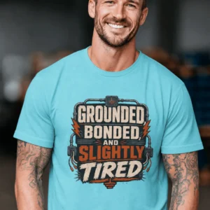 Grounded, Bonded and Slightly Tired Graphic Tee — Funny Electrical Worker Shirt — turquoise t-shirt, model photo | Pressure Tested Co