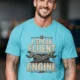 I Speak Fluent Engine T-Shirt — Mechanic Wrench Vintage Auto Repair Tee — turquoise — Model I Speak Fluent Engine T-Shirt — Mechanic Wrench Vintage Auto Repair Tee — turquoise t-shirt, model photo | Pressure Tested Co