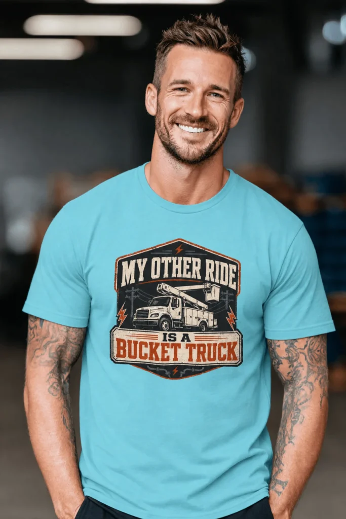 Bucket Truck T-Shirt - “My Other Ride Is A Bucket Truck” Utility Crew/Electrician Tee — turquoise t-shirt, model photo | Pressure Tested Co