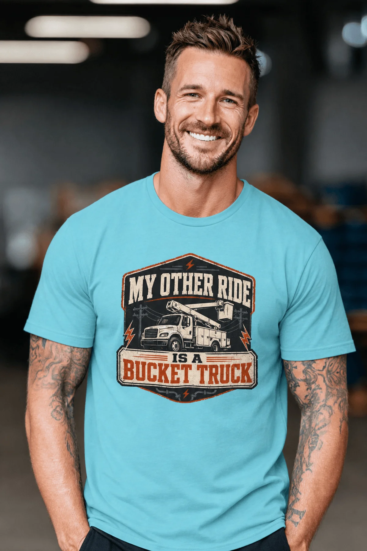 Bucket Truck T-Shirt - “My Other Ride Is A Bucket Truck” Utility Crew/Electrician Tee — turquoise t-shirt, model photo | Pressure Tested Co