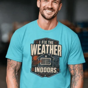 Funny HVAC Technician Tee - “I Fix The Weather Indoors.” Cooling/Furnace Shop Work Shirt — turquoise t-shirt, model photo | Pressure Tested Co