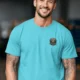 Wrench First Tee — "Wrench First, Questions Later" Mechanic Skull T-Shirt — turquoise t-shirt, model photo | Pressure Tested Co