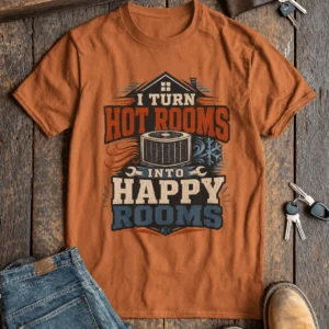 HVAC Technician T-Shirt — "I Turn Hot Rooms Into Happy Rooms" Vintage HVAC Shirt — yam t-shirt, flat-lay product photo | Pressure Tested Co