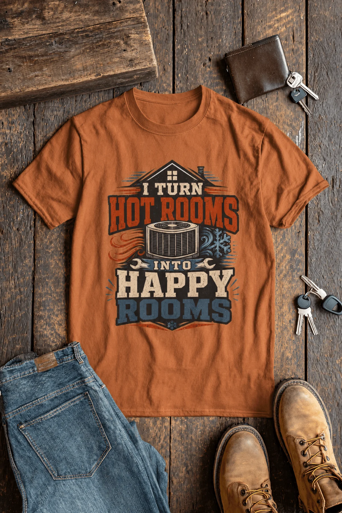 HVAC Technician T-Shirt — "I Turn Hot Rooms Into Happy Rooms" Vintage HVAC Shirt — yam — Flat-lay HVAC Technician T-Shirt — "I Turn Hot Rooms Into Happy Rooms" Vintage HVAC Shirt — yam t-shirt, flat-lay product photo | Pressure Tested Co