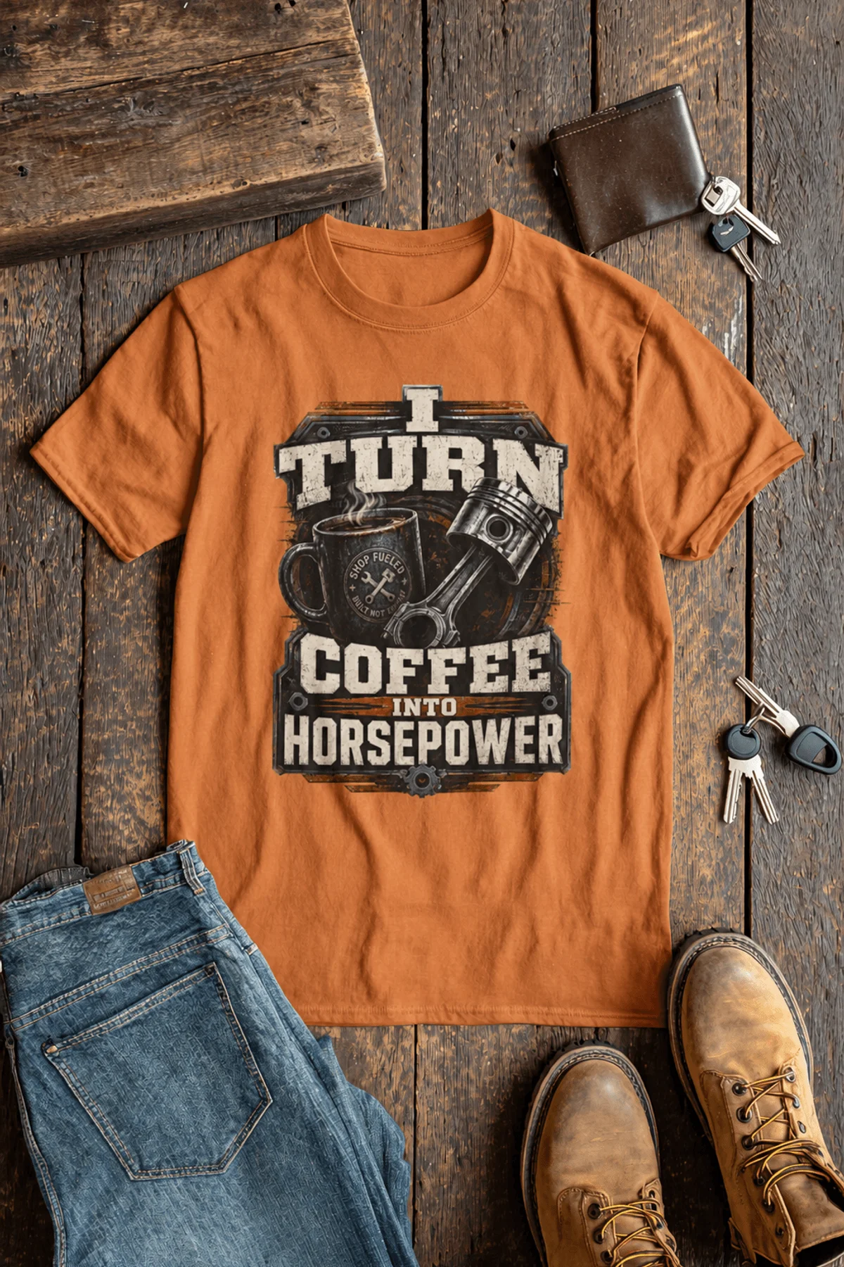 Mechanic Technician T-Shirt — "I Turn Coffee Into Horsepower" Vintage Work Shirt — yam — Flat-lay Mechanic Technician T-Shirt — "I Turn Coffee Into Horsepower" Vintage Work Shirt — yam t-shirt, flat-lay product photo | Pressure Tested Co