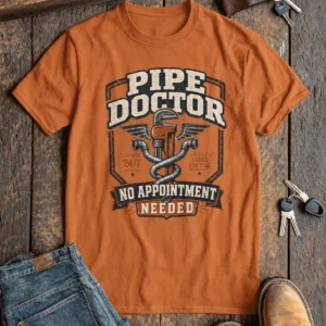 Plumber T-Shirt — "Pipe Doctor. No Appointment Needed" Vintage Work Shirt — yam t-shirt, flat-lay product photo | Pressure Tested Co
