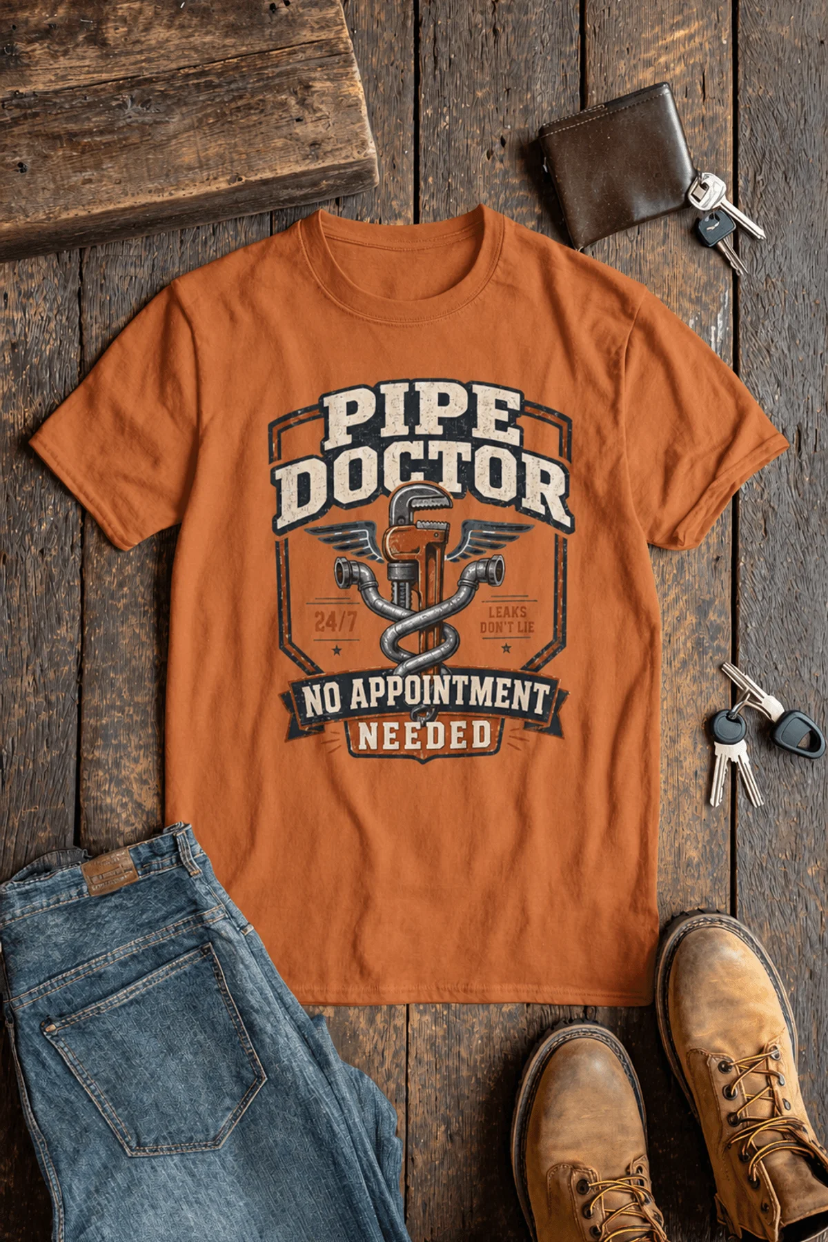 Plumber T-Shirt — "Pipe Doctor. No Appointment Needed" Vintage Work Shirt — yam — Flat-lay Plumber T-Shirt — "Pipe Doctor. No Appointment Needed" Vintage Work Shirt — yam t-shirt, flat-lay product photo | Pressure Tested Co