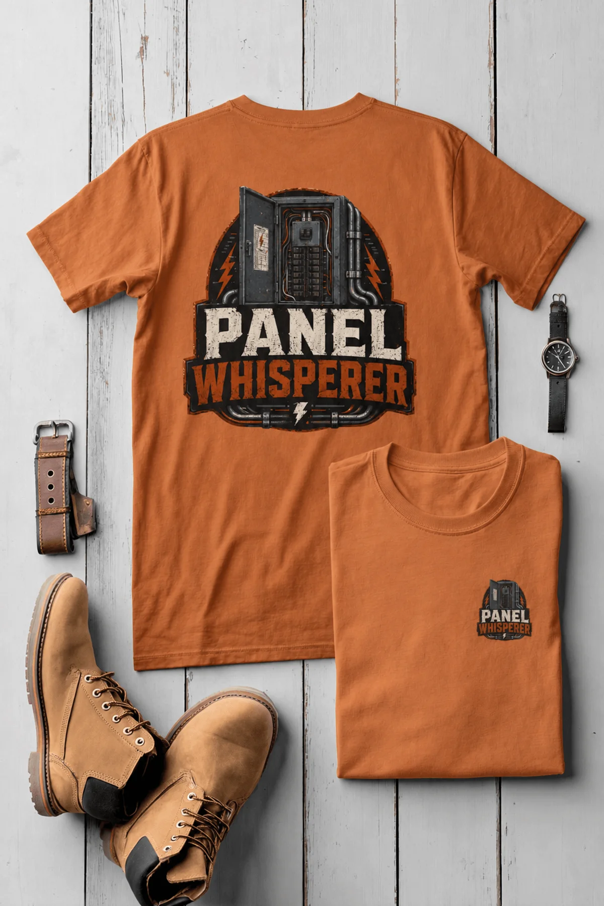 Funny Electrician Tee - "Panel Whisperer" Electrical Worker T-Shirt — yam t-shirt, flat-lay product photo | Pressure Tested Co