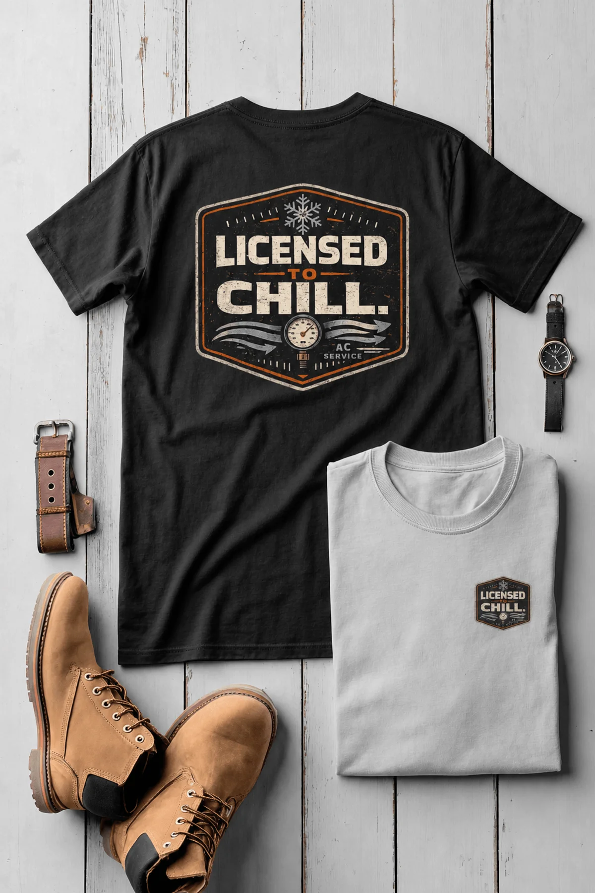 Funny HVAC Tee - "Licensed To Chill" HVAC Technician T-Shirt — yam t-shirt, flat-lay product photo | Pressure Tested Co