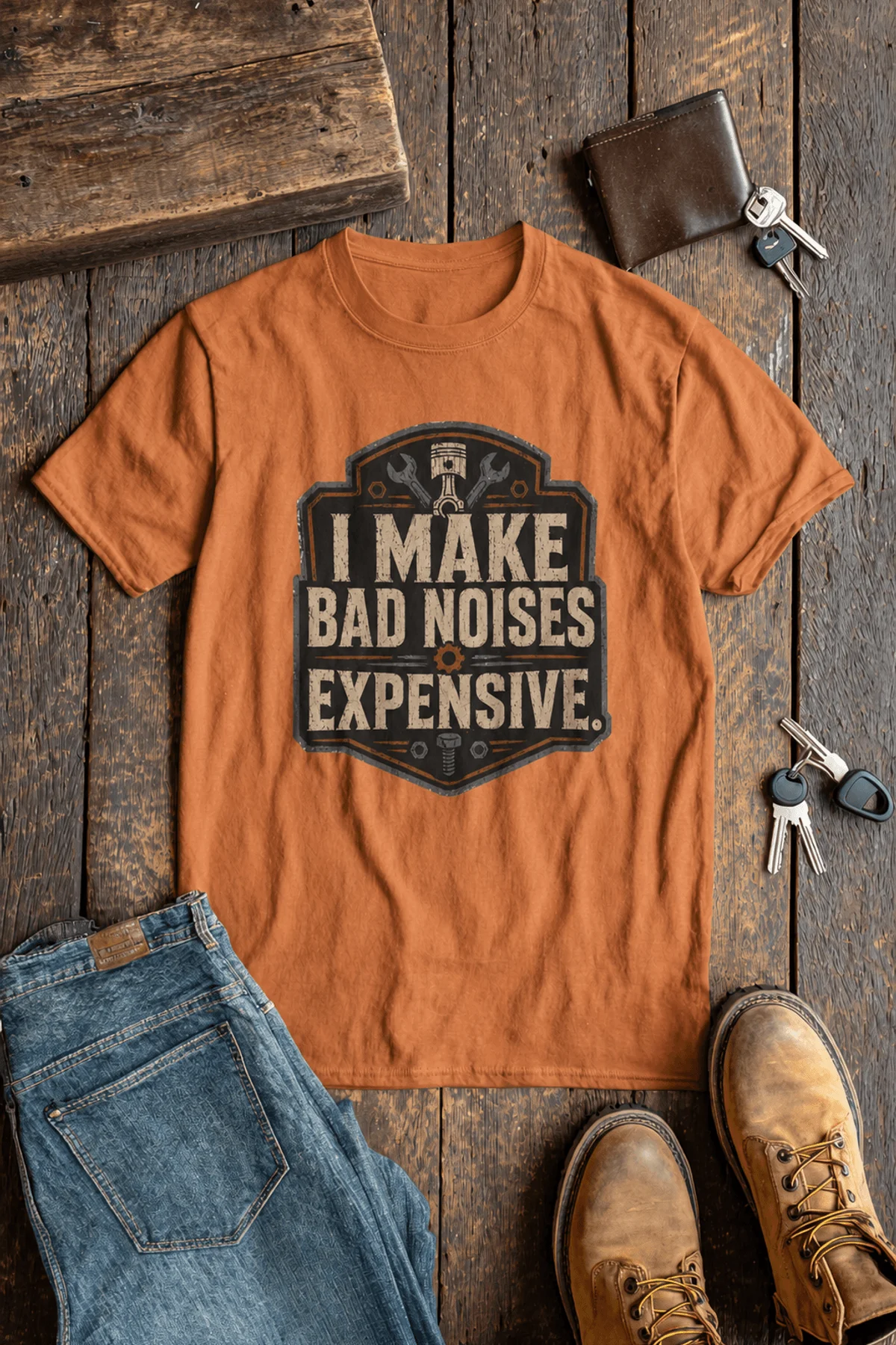 Funny Mechanic Tee - "I Make Bad Noises Expensive" Technician Worker/ Mechanic / Gearhead Tee — yam t-shirt, flat-lay product photo | Pressure Tested Co