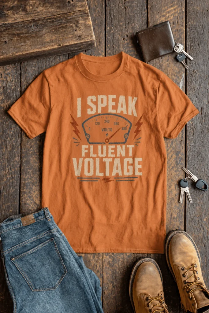 I Speak Fluent Voltage T-Shirt — Electrician & Electronics Tech Gift — yam t-shirt, flat-lay product photo | Pressure Tested Co
